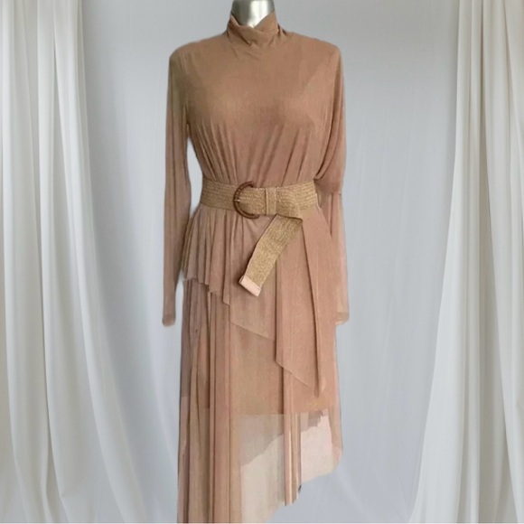 🆕 BCBGMAXAZRIA Tan  Nude Asymmetric layered dress - Picture 5 of 14